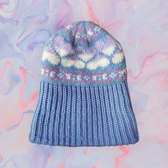 Vtg Women’s Warm Stocking Hat Blue with Hearts - Picture 4 of 5